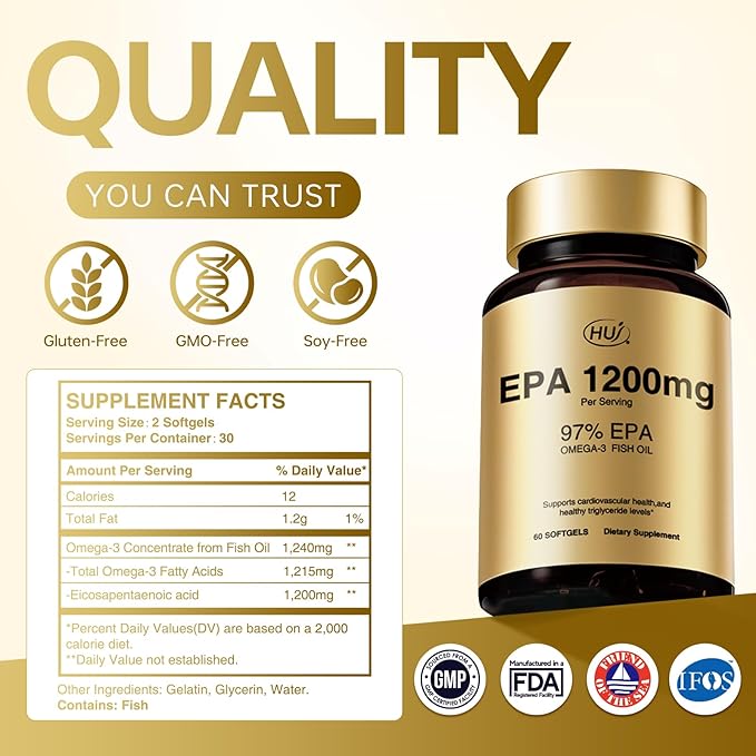 HUJ 97% EPA Omega-3 Fish Oil - 1200mg EPA Fish Oil, Wild-Caught, Sustainably Sourced - Suppprts Cardiovascular Health & Healthy Triglyceride lewels* - 60 Softgels