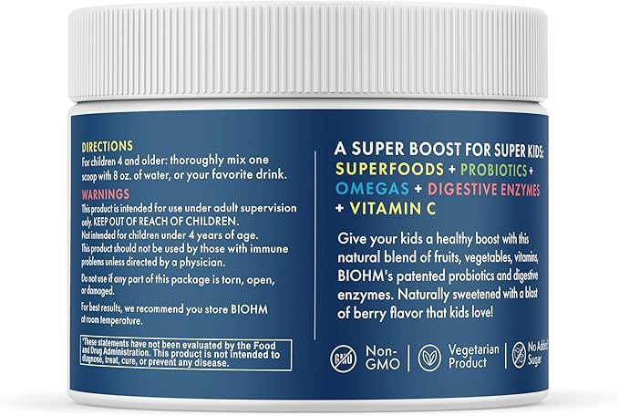 BIOHM Super Kids Superfood Powder Plus Probiotics, (5.3 Oz, 30 Servings) Delicious Berry Blast, Antioxidants, Omega 3 & Vitamin C, Non-GMO, Dairy Free, No Artificial Ingredients, Vegetarian, Ages 4+