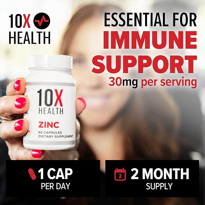 10X Health Zinc Picolinate - Contains Zinc 30mg for DNA & Protein Synthesis, Overall Wellness & Immune Support Supplement - Zinc Supplements - 60 Capsules