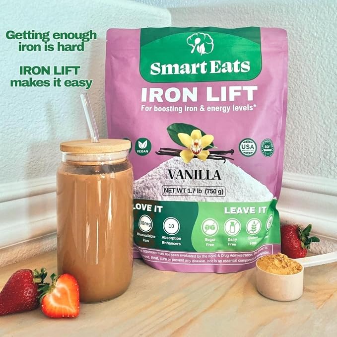 Smart Eats - High Iron Drink & Smoothie Powder with Protein, Vitamins, Fiber, Antioxidants | Support Energy, Hair, Brain, Blood | Gentle, Non-Constipating | Vegan, Keto | Vanilla Flavor | 30 Scoops