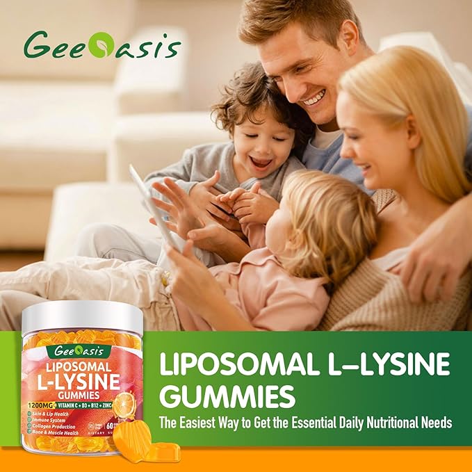 Liposomal L-lysine Gummies 1200mg, Lysine Chewable Supplement with Vitamin C, D3, B12 & Zinc for Adults & Kids, Immune & Collagen Support, Lips & Skin Health, Vegan, Natural Fruit Flavor, 60CT