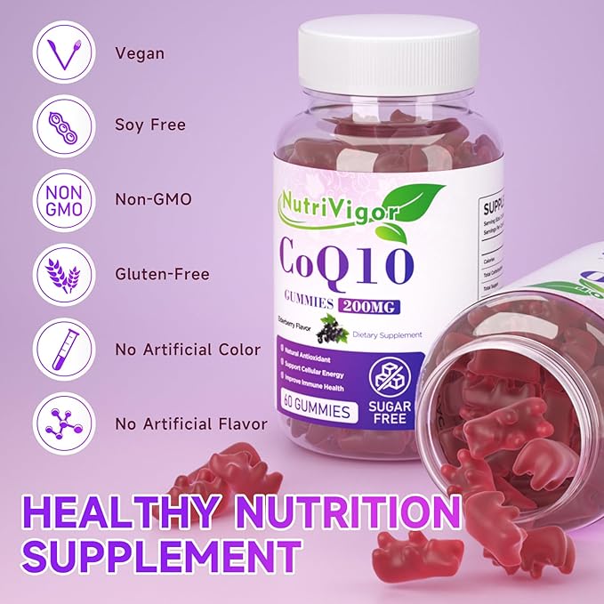CoQ10 Gummies, Coenzyme Q10 Supplement 200mg, High Absorption CoQ10 Supplement for Cellular Energy and Immune Health, Vegan, Gluten Free, Elderberry Flavor, 60 Count