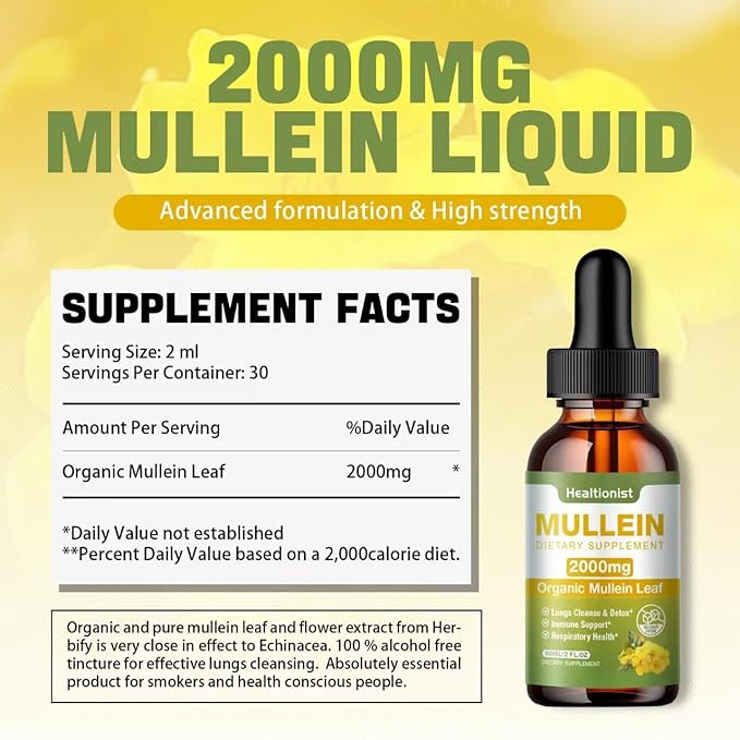 2 Pack Mullein Drops for Lungs - Leaf Extract Liquid - Powerful Mullein for Immune Support, Cleanse - Detox & Respiratory, Digestive System, Natural Herbal Supplement Tincture, Tea - 4 fl oz Vegan