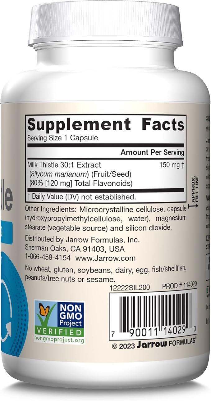 Jarrow Formulas Milk Thistle 150 mg With 30:1 Standardized Silymarin Extract, Dietary Supplement for Liver Function Support, 200 Veggie Capsules, 66-200 Day Supply