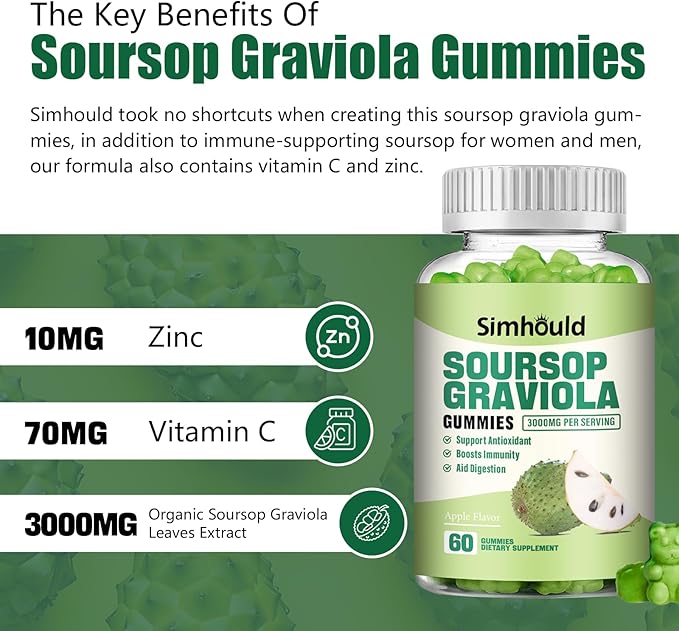 1 Pack Soursop Graviola Gummies - 3000mg Extra Strength Soursop Leaves Supplement with Vitamin C, Zinc - Digestive Aid, Immune Support & Antioxidant - Sugar-Free, Non-GMO, Vegan, 60 Counts
