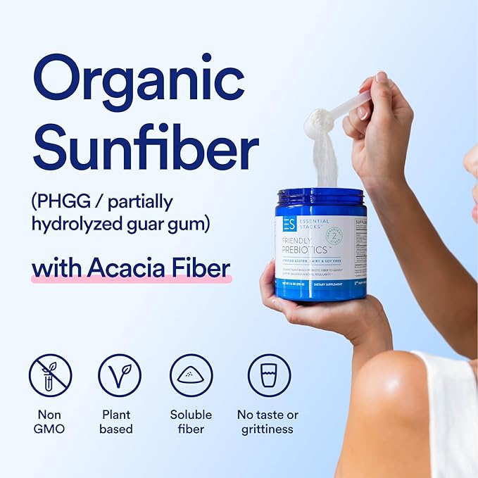 Essential Stacks Organic Sunfiber Prebiotic Fiber (Partially Hydrolyzed Guar Gum/PHGG) with Acacia Fiber Powder - Gluten Free, Non-GMO & Unflavored Soluble Fiber (7.4 oz)