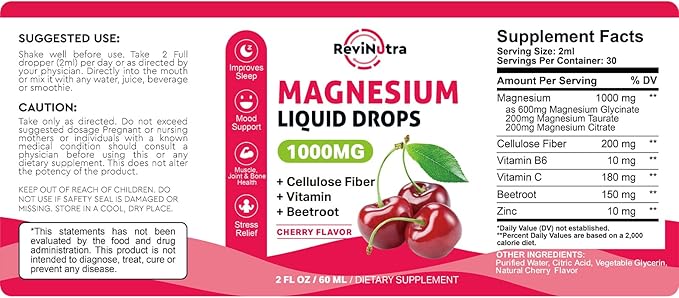 Magnesium Glycinate Liquid Drops, 1000mg Magnesium Glycinate, Citrate & Taurate with Fiber, Beetroot, Vitamin B & C for Sleep, Calm, Muscle, Energy & Relaxation, 2 Fl Oz, Sugar-Free Cherry Flavor