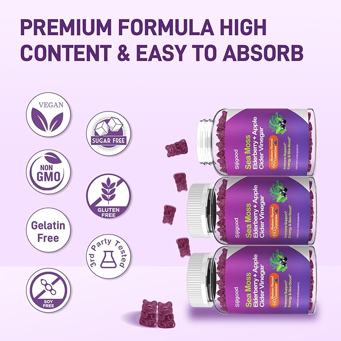 2 Pack Irish Sea Moss Gummies with Elderberry, Bladderwrack, Burdock, Chlorophyll - Digestion, Skin, Hair and Enhance Immunity - Adults Kids Women Men, 120 Blueberry Flavored Gummies