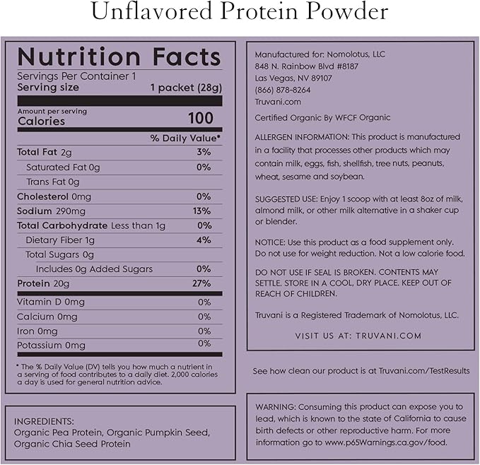 Truvani Vegan Pea Protein Powder | Unflavored | 20g Organic Plant Based Protein | 1 Serving | Keto | Gluten & Dairy Free | Low Carb | No Added Sugar