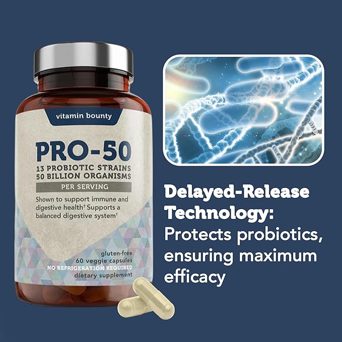 Vitamin Bounty Pro-50 Probiotic - 50 Billion Organisms and 13 Probiotic Strains that Promote Gut Health, Digestive Health Probiotic, Delayed Release Capsule with Prebiotic Greens - 60 Capsules, 2 Pack