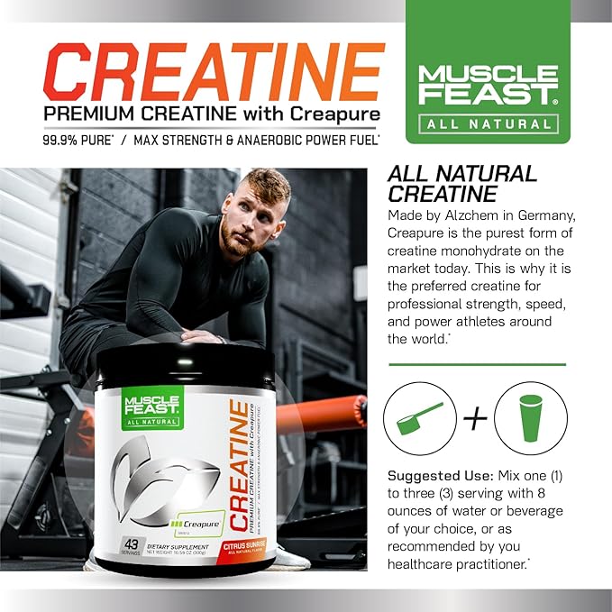 Muscle Feast Creapure Creatine Monohydrate Powder, Vegan Keto Gluten-Free, All Natural No Artificial Ingredients, Citrus Sunrise, 300g