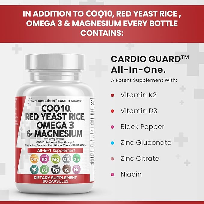 Clean Nutraceuticals COQ10 Red Yeast Rice Omega 3 Magnesium Complex Niacin Zinc Vitamin K2 D3 - Heart Support Vitamins for Women & Men w/Vitamin B3, Coenzyme Q10-60 Ct