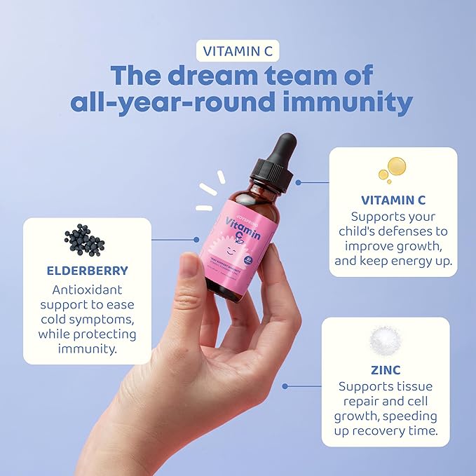 JoySpring Vitamin C and Zinc for Kids, Elderberry Liquid Supplement | Alcohol-Free Toddler Vitamin C | 2+ Years | (2 fl oz) 30 Servings