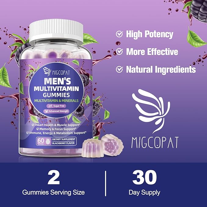 Multivitamin for Men, Mens Multivitamins Gummies w/Omega-3, Probiotics, Inositol, Folate, Biotin, Zinc, Vitamins A, C, D, E, B, - Support Heart, Brain, Muscle, Energy, Sugar-Free, Blackberry Flavor
