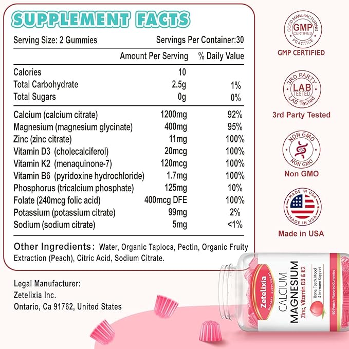 Sugar Free Calcium Citrate Gummies, Calcium Magnesium Gummies with Vitamin D3 & K2 for Bones Muscles and Joints, Peach Flavor - 120 Ct