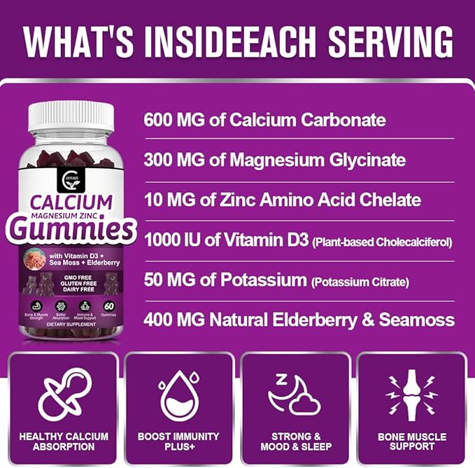 Calcium Magnesium Zinc Gummies with High Absorption Magnesium, Potassium, D3 - for Bone, Muscles, Immune & Sleep Support, Vegan