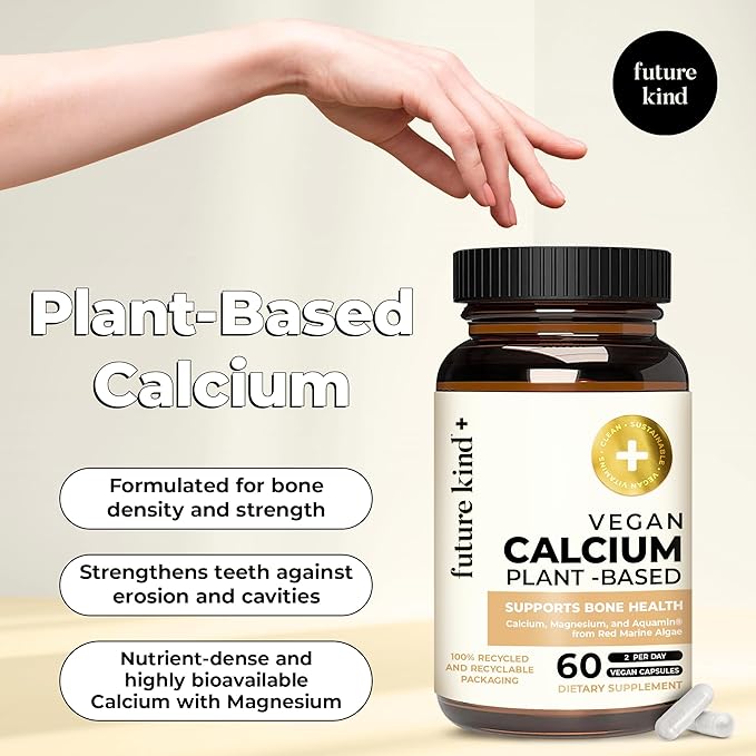 Future Kind Vegan Calcium Supplement - Plant-Based Calcium Magnesium Supplement Sourced from Iceland for Teeth & Bone Support (60 Capsules)