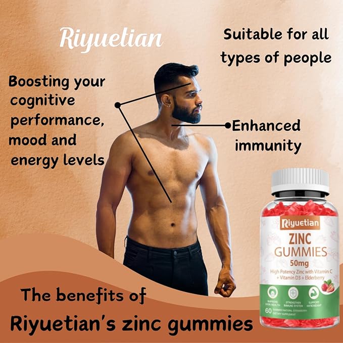 Zinc Gummies - 50mg High Potency Zinc with Vitamin C + Vitamin D3 + Elderberry - Immune Health Support - Vegan, Non-GMO and Gluten Free - 60 Gummies