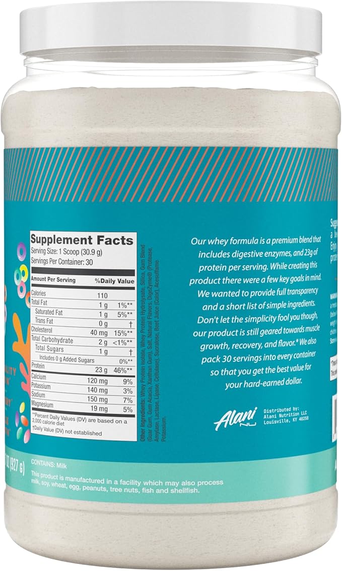 Alani Nu Whey Protein Powder Fruity Cereal | 23g Protein with Low Sugar & Digestive Enzymes | Meal Replacement Powder | Low Fat Low Carb Whey Isolate Protein Blend | 30 Servings