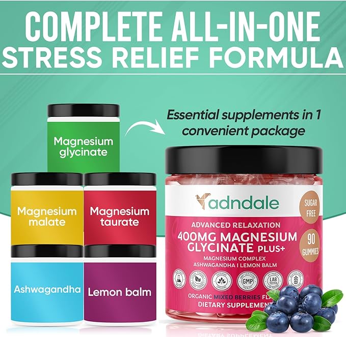 180 CT Magnesium Glycinate Gummies 400 mg/Serv - with Ashwagandha, Magnesium Malate & Taurate - Sugar Free Chews for Adults & Kids Relaxation, Stress Relief, Night Rest, Muscle & Cardio Support