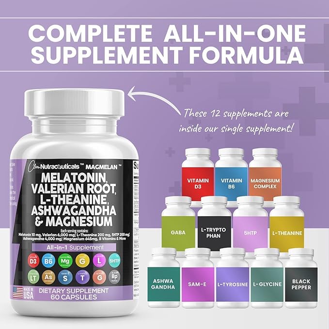 Clean Nutraceuticals Melatonin 10mg Valerian Root L Theanine 200mg Ashwagandha - Sleep Support for Women & Men with Magnesium Complex, Lemon Balm, Chamomile, & Passion Flower - 60 Caps