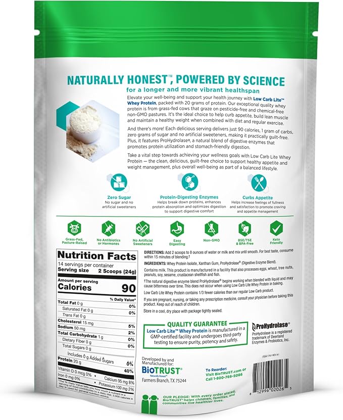 BioTrust Low Carb Lite, Low Calorie Protein Powder – Low Carb, Sugar Free, Low Sodium, Keto Protein Powder – 20g Grass-Fed Whey Protein Isolate with Digestive Enzymes – Unflavored, 14 Servings