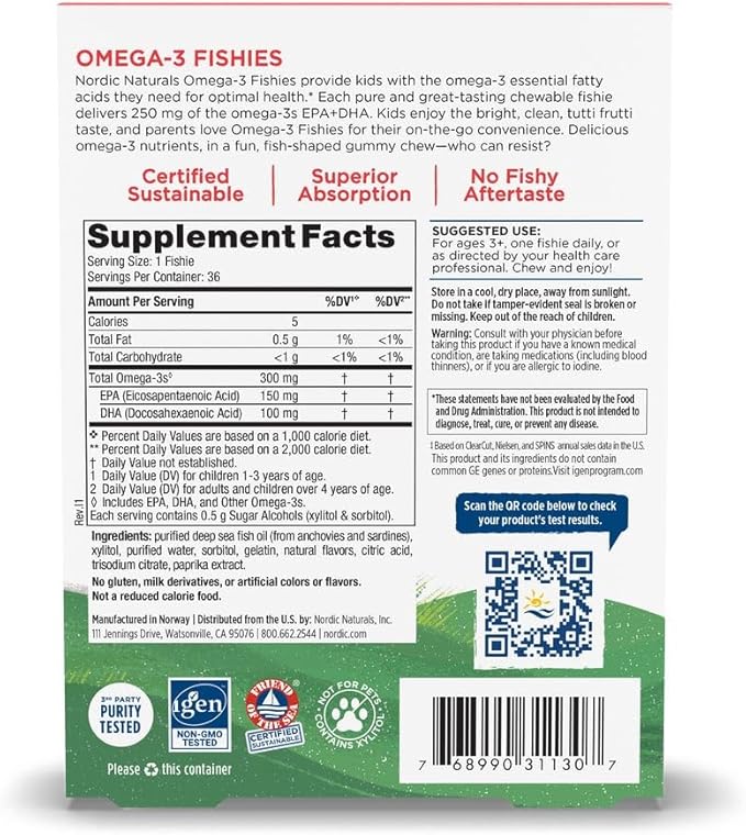 Nordic Naturals Nordic Omega-3 Fishies, Tutti Frutti - 36 Fishies - 300 mg Total Omega-3s with EPA & DHA - Healthy Brain, Mood, Vision & Immune System - Non-GMO - 36 Servings