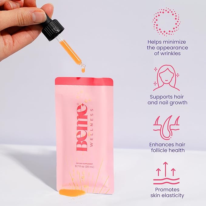 BeMe Liquid Collagen for Women – 2,500mg Marine Collagen Drink, Hydrolyzed Peptides, Biotin, CoQ10, Vitamin C and E Shots, Hair, Nail, & Skin Health Supplement – Be Radiant Peach Flavor – 15 Packets