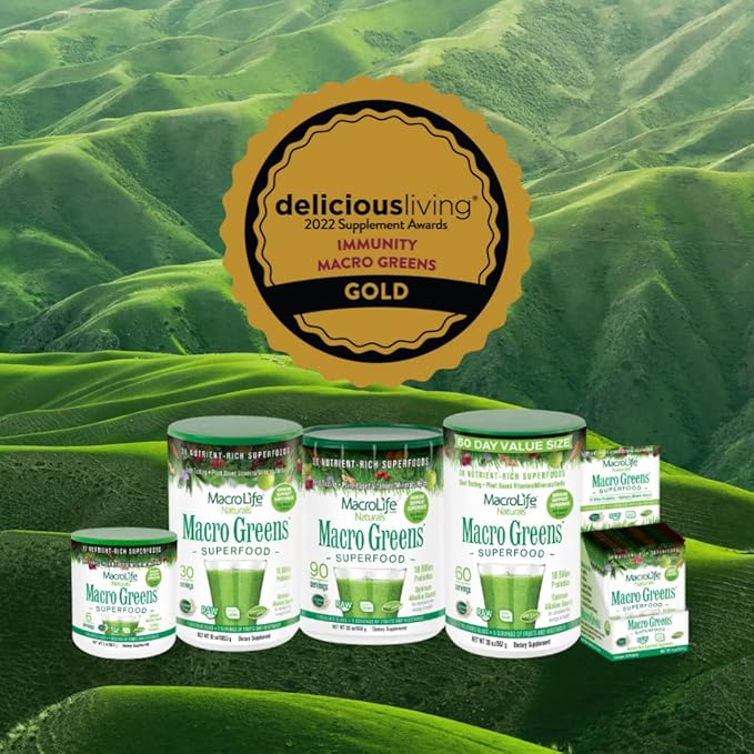 MacroLife Naturals Macro Greens Powder 38 Superfood Probiotic Antioxidant Enzyme & Herbal Supplement Immunity Energy Cleanse - Non-GMO Vegan Gluten-Free Dairy-Free - 12 Packet Servings