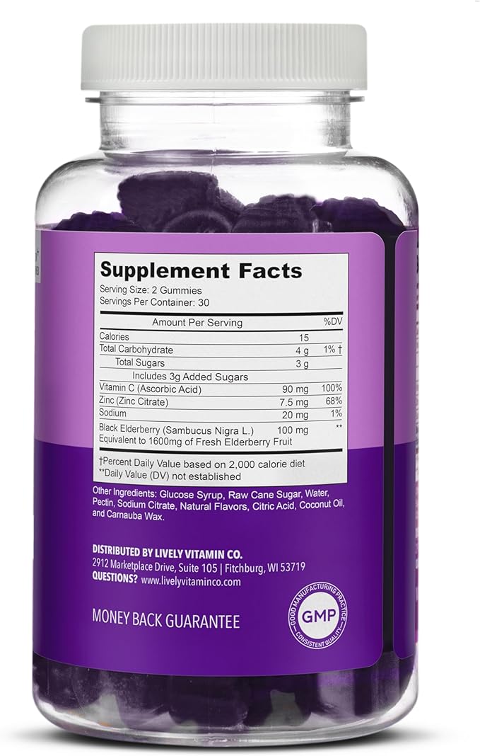 LIVELY VITAMIN CO. Elderberry Burst Gummies for Kids & Adults - Boosts Immune Health - Helps Avoid Colds & Illness - Black Elderberry, Vitamin C & Zinc - 3 Grams of Sugar - No Gelatin - 60 Gummies