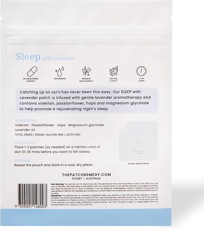 Sleep Patches with Lavender - 30 Topical Patches for Better Sleep with Magnesium Glycinate, Valerian Root Extract, Passionflower & Hops, Waterproof, 12 Hours, Transdermal Support