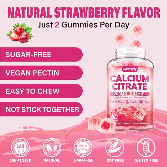 Calcium Citrate Gummies 1200 mg for Adults: Ultimate Absorption Calcium Supplement for Women & Men - Easy to Digest, Vegan - Supports B0ne Strength, Muscle, Immune