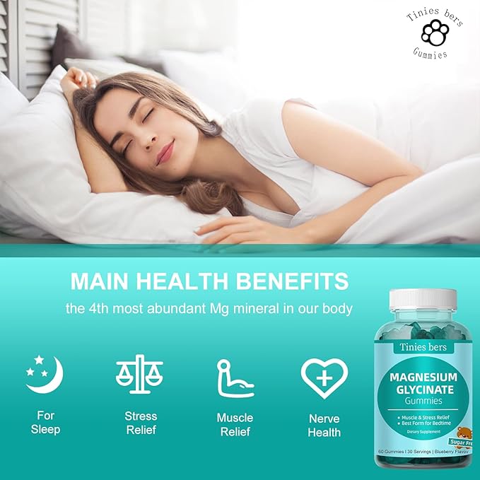 Magnesium Glycinate Gummies 500mg, Sugar Free for Adults & Kids, Best Magnesium Gummies for Sleep, Stress & Muscle Relief & Nerve Health, No Melatonin, Gluten Free, Non GMO, Vegan, Pectin, 60