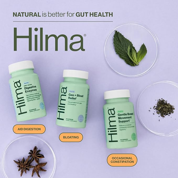 Hilma De-Bloat Bundle for Pre or Post Meal - Gas & Bloating Relief for Women (50 Vegan Capsules) with Lemon Balm & Peppermint Leaf - Digestive Enzymes for Women (30 Vegan Capsules) with Dandelion Root