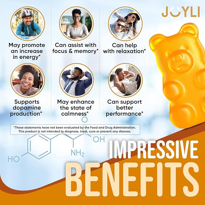 Joyli L Tyrosine Gummies 1000MG - L-Tyrosine Supplement for Kids & Adults - Calm & Focus Gummies for Brain, Memory, Mood, and Energy - 500mg L- Tyrosine Powder per Gummy - Vegan, Gluten-Free