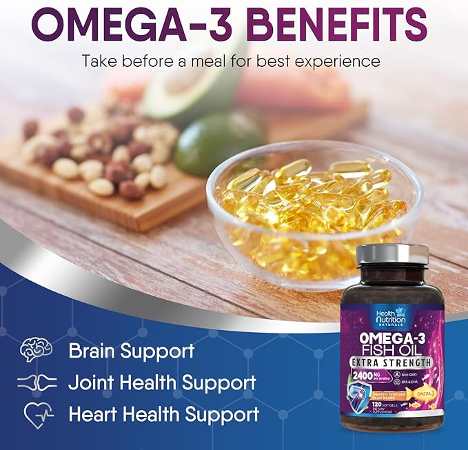 Omega 3 Fish Oil 2400 mg - Triple Strength Omega3, EPA & DHA Fatty Acids Supplement - Natural Support for Immune, Heart & Brain Health - Wild Caught, Non-GMO, Lemon Flavor, Burpless - 120 Softgels