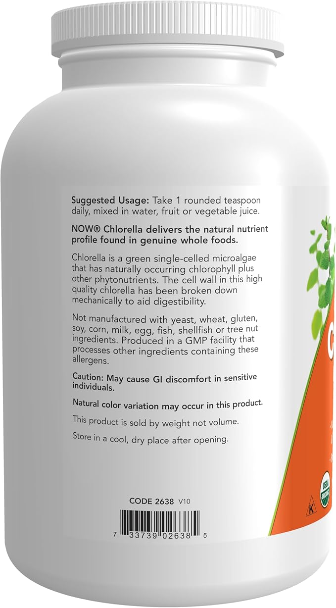 NOW Foods Supplements, Organic Chlorella Powder with naturally occurring Chlorophyll, Beta-Carotene, mixed Carotenoids, Vitamin C, Iron and Protein, 1-Pound
