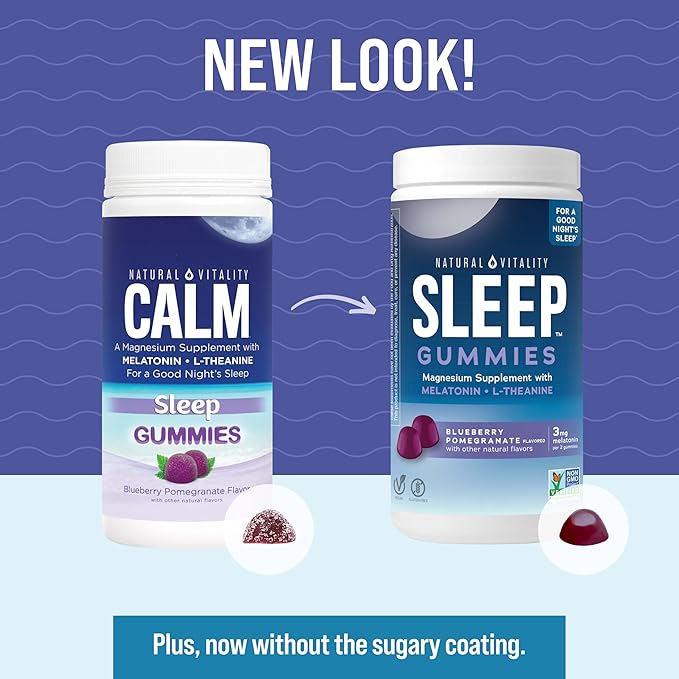 Natural Vitality CALM Sleep Gummies Magnesium Supplement, Melatonin & Magnesium Citrate, Sleep Aid Gummies, L-Theanine, Gluten Free, Helps the Body Ease into Sleep, Blueberry Pomegranate 60 Count