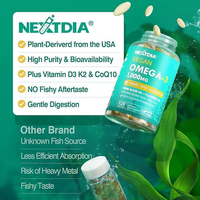 2 Pack Vegan Omega 3 D3 K2 CoQ10 Supplement, Plant Based DHA EPA ALA for Women Men, Omega 3 Organic Algae Flaxseed Oil Supplement for Bone, Brain, Eye & Immune Support, No Carrageenan, 240 Softgels