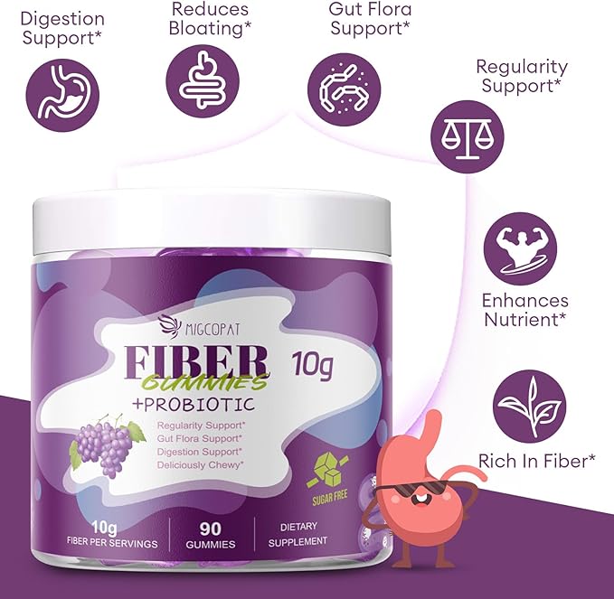10G Fiber Gummies for Adults, No Sugar Added Grape Flavor, Fiber Supplement with 30 Billion CFU Probiotics Blend, ACV, Vitamin C, Inulin, Support Digestive Health, 90 Count