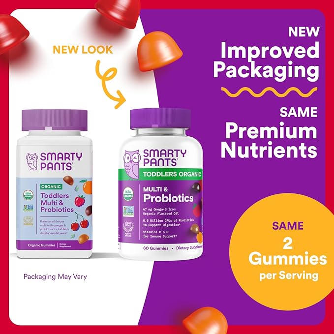 SmartyPants Organic Toddler Multivitamin Gummies: Probiotics, Omega 3 (ALA), Vitamin D3, C, Vitamin B12, B6, A, K & Zinc, Beta Carotene, Gluten Free, Three Fruit Flavors, 60 Count (30 Day Supply)