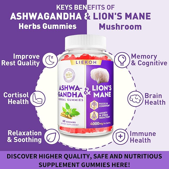 Ashwagandha & Lions Mane Gummies for Adults -Cortisol and Brain Health, 4000mg Ultra Strength Lion's Mane Mushroom Supplements for Cognitive & Immune, Berry Flavor - 420 Organic Mushroom Gummies