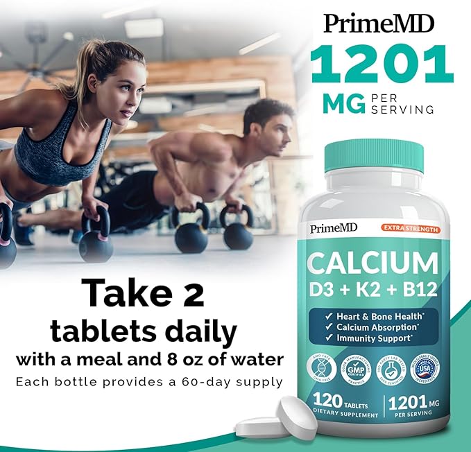 4-in-1 Calcium 1200mg with Vitamin D3 - Calcium Supplement for Women and Men with Vitamin K2 B12 5000 IU - Extra Strength Calcium Citrate for Bone and Heart Support (120ct)
