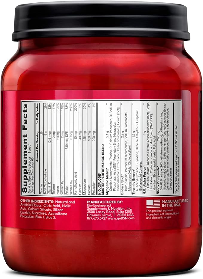 BSN N.O.-XPLODE Pre Workout Powder, Energy Supplement for Men and Women with Creatine and Beta-Alanine, Flavor: Blue Raz, 60 Servings