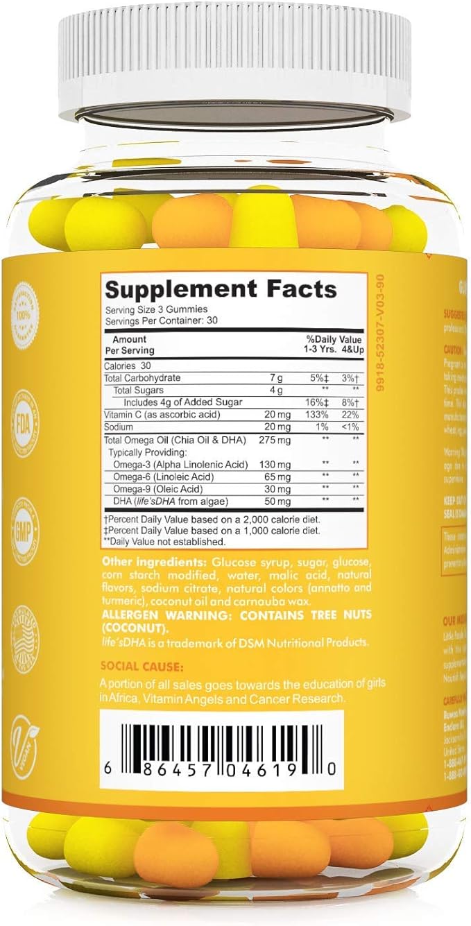 Omega 3, DHA, Plant-Based 3 6 9 + Vitamin C: Immune Support, Heart, Brain, Eye & Joint Supplement, Vegetarian, Gluten Free, Non-GMO, 90 Gummies (1)