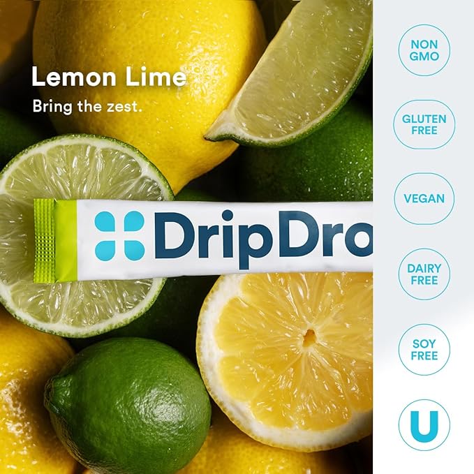 DripDrop Hydration - Zero Sugar Lemon Lime - Electrolyte Drink Mix Single Serve Hydration Powder Packets | Non-GMO, Gluten Free, Vegan | 32 Sticks