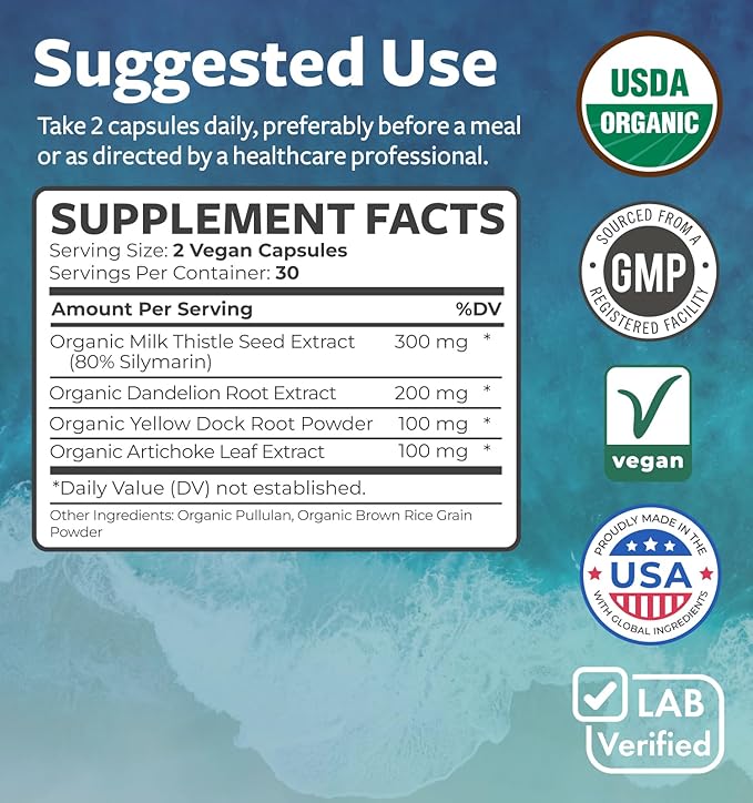 Organic Liver Cleanse Detox & Repair (Vegan, Non-GMO) Milk Thistle Extract (80% Silymarin), Dandelion Root, Artichoke Leaf, Yellow Dock - Liver Health Support Supplement - 60 Capsules (No Pills)