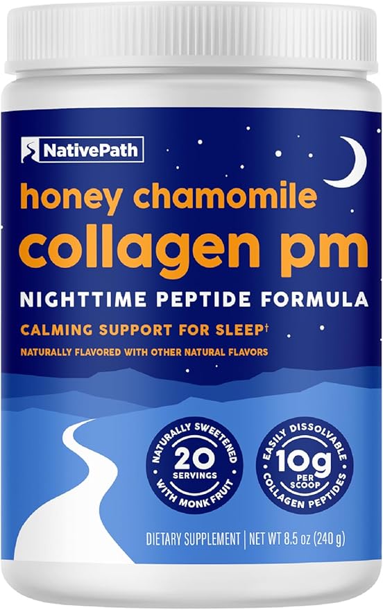 NativePath Collagen PM - Honey Chamomile Nighttime Collagen Peptides Powder with Magnesium, GABA, L-Theanine and Melatonin - 20 Servings