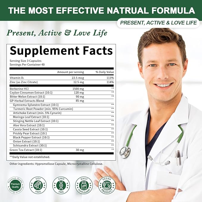 Berberine Supplement with Ceylon Cinnamon - 120 Count Berberine 1500mg Activates AMPK & GLP-1 Berberina HCL with Bitter Melon & Natural Herbs for Immune Support/Energy