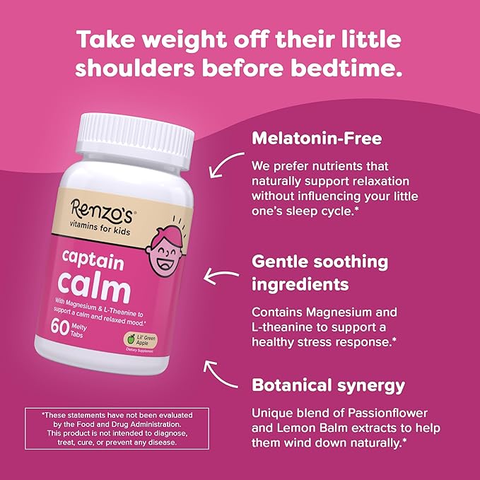 Renzo's Captain Calm, Kids Magnesium Supplement with L-theanine, Dissolvable Kids Vitamins for Relaxation and Mood Support, Sugar-Free Calming Supplement, 60 Green Apple Flavored Melty Tabs